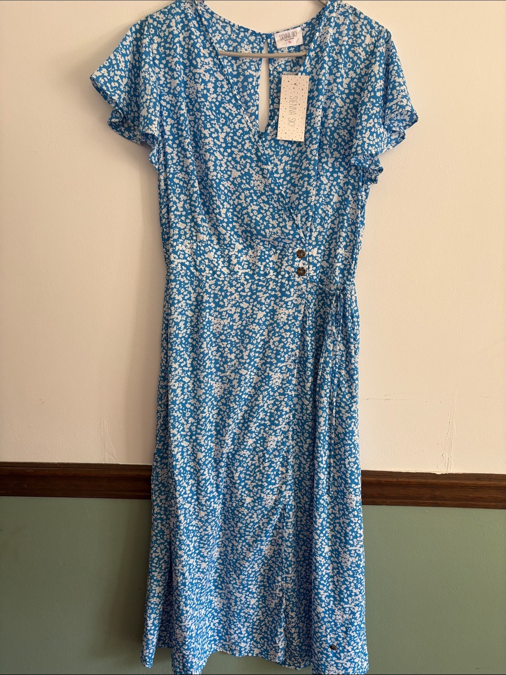 Sienna Sky  👗 Blue Floral Wrap-Style Midi Women’s